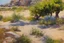Placeholder: Sunny day, trees, flowers, rocks, arid land, vegetations, distant rocky mountains, sci-fi, willem maris, and konstantin korovin paintings