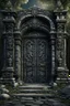 Placeholder: A huge wall made of granite black stones with a huge gate and giant wooden doors in the forest dark material, surrealist, elementals, intricate background, masterpiece, octane rendered, artstation