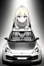 Placeholder: blonde young girl inside car, greyscale