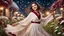 Placeholder: Hyper Realistic Photographic-close-view of Young Beautiful Happy Pashto Girl & with-beautiful-eyes-&-lips in a white-frock-&-Maroon-ribbon & beige-shawl happily-whirling in a beautiful flower garden snowfall-night with grass-arches showing dramatic & cinematic ambiance.