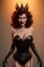 Placeholder: Rita Hayworth as evil queen in black leather, busty, cleavage, curvy, angry, stern look. character design by cory loftis, fenghua zhong, ryohei hase, ismail inceoglu and ruan jia. unreal engine 5, artistic lighting, highly detailed, photorealistic, fantasy