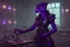 Placeholder: a black and purple, female argonian artificer who uses Tesla coils, skinny, wearing little armor, in her lab