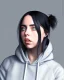 Placeholder: Billie Eilish, sitting on a chair, Black Short Dress, high detail, realistic