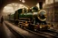 Placeholder: 3D rendering, the effect of traces of motion, a classic steam locomotive rushing along the tracks inside an ancient station with ornate architecture and polished wooden floors, passengers standing on the platform and greeters with suitcases and luggage look in surprise after the rushing train, in black, gold and dark green color, hyper-detailed images with high resolution, high accuracy and correspondence to the description, clean lines, HDR, precise lines