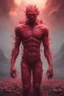 Placeholder: full body portrait, head to toe, imagine in a world made out of strawberries, a 4k UHD strawberry skinned, 1080p strawberry skinned man., at the edge of the Strawberry universe, three million years in the future, an extremely mutated and old Strawberry humanoid being, Volcanic Strawberry-man, with wirey, messy, spiked up, long leafy green strawberry hair, burned, scarred and ashy strawberry skin with a lost gaze, bound to the edge of time, wandering aimlessly and alone