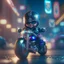 Placeholder: A Sharp Kawaii tiny hyper realistic baby captain america riding mini harley davidson, wearing bikers clothes with happy smile action, night of cyberpunk city background. wide angle full body, 8k, Cinematography, photorealistic,epic composition Unreal Engine,Cinematic, Color Grading, Portrait Photography,Ultra-Wide Angle, Depth of Field, hyper detailed