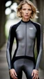 Placeholder: photography of a beautiful anorexic woman, grey satin triathlon top, sports illustrated, blond short wavy bob haircut, pronounced sternum, flat chest, anthracite cycling leggins