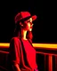 Placeholder: woman with a red baseball hat. leaning on a wooden balcony. night time. fantasy. medieval. studio lightining.