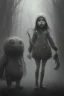 Placeholder: cute girl and litlle monster, Style John Kenn Mortensen,