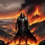 Placeholder: The lord of the Hell on the right, looking at the camera. A landscape with his castle on a hill in the background. all in the flames of the hell.