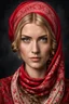 Placeholder: portrait a dark blonde young married woman in authentic Hungarian sárköz folk red woman headscarf , look at the camera, high realistic, high qulity, detailed, sad, beauty, perfect photo