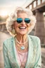 Placeholder: an happy older woman wearing sunglasses, vintage pastel outfit, and a necklace. She has a wide smile on her face and is laughing, in background blur bridge, natural light , high detailed, sharp focus, photorealistic, happy mood
