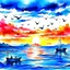 Placeholder: watercolor landscape view for ocean at the sunset and birds are flying in a blue sky and a small boat in the water