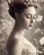 Placeholder: vintage photo of beautiful, stunning ballerina with white feather crown wrapped around head, glittery bodice, close-up profile portrait, sepia, background of flowers, gauzy white curtains, candles, dreamlike, sepia photography, centered, 8k resolution, high-quality, fine-detail, intricate, detailed matte, volumetric lighting, photo-realistic, candles, translucent gown, illustration, 3D octane render, brian froud, howard lyon, selina french, anna dittmann, annie stokes, lisa parker, greg rutowski