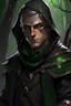 Placeholder: 35 year old male dark rogue wood elf, thief assassin, Mauve hair, sparkling green eyes, glowing brown skin, black hood, black leather, messy, disheveled, trees, sneaky, bow and arrows, tall, skinny