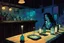 Placeholder: create a hardened, vampire girl, tending bar in a seedy Soho jazz club, in the comic book art style of Mike Mignola, Bill Sienkiewicz and Jean Giraud Moebius, , highly detailed,, grainy, gritty textures, , dramatic natural lighting