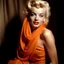 Placeholder: A photograph of marilyn monroe, disheveled, tired, in the style of milton greene, soft orange silk scarf aronde her shoulders, against a wall