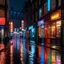 Placeholder: a street in london with neon signs after it has rained