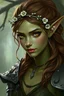 Placeholder: Generate a female spring Eladrin elf, greenish skin. She is a bard. She is chaotic neutral, and come from far away, looks mysterious and smirk. She looks unapprochable and a bit angry. She wears a dainty circlet made of silver coated branches and flower in her hair is brown and voluminous, her skin sun-kissed. Her eyes are hazel. Her skin is green. She look like she comes from the wood. realist digital paintng. She wears an elvish uncomple armor.