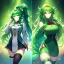 Placeholder: girl, masterpiece, best quality, volumetric lighting, detailed outfit, perfect eyes, long hair, green hair, green eyes, beautiful lighting, vibrant colors, smiling, thigh highs, ponytail, messy hair,