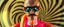 Placeholder: hot dog caravan magic, blissfull genious, ultra chromatic, cyber jobe, flying yoga magic , lawn mover man movie character, portrait of upper body of cool transparent guy made with nano tape and with shades and mustache and bald head, saw blade beholder eye tyrant flating beholder kin with eyes on each saw blade tooth saying something profound, hypnotic zebra twirl background, with chrome reflections, like he is floating in a giger cartoon
