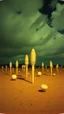 Placeholder: Strange spindle-shaped objects of various shapes, scattered over an arid wasteland, clouds, night, Max Ernst, Audubon, Amano, Walton Ford, Yves Tanguy, polaroid, 8k, 3d, 33mm photography, well defined