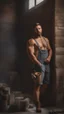 Placeholder: massive strong burly beefy italian bricklayer painter 33 years old, short hair, short blond beard, shirtless in bulging overalls, big shoulders, big calves, barefeet, photorealistic, side light, inside a dark building under construction