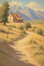 Placeholder: sunny day, mountains, trees, dirt road, countryside, nostalgy influence, adobe house, henry luyten and ludwig dettman impressionism paintings