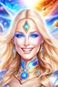 Placeholder: cosmic woman smile, admiral from the future, one fine whole face, crystalline skin, expressive blue eyes,rainbow, smiling lips, very nice smile, costume pleiadian, Beautiful tall woman pleiadian Galactic commander, ship, perfect datailed golden galactic suit, high rank, long blond hair, hand whit five perfect detailed finger, amazing big blue eyes, smilling mouth, high drfinition lips, cosmic happiness, bright colors, blue, pink, gold, jewels, realist, high commander,ufo rainbows