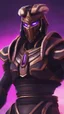 Placeholder: A close picture to Ramattra nemesis form egypt rob in overwatch art style with black color and neon purple details in the desert