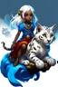 Placeholder: A cute eight-year-old sorceress, with dark skin, straight snow-white hair tied in a braid, with blue eyes, wearing a blue sorcerer gown, riding on the back of a giant furry leopard cat.