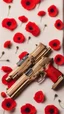 Placeholder: Two gold pistols and a red notebook on a white scarf. A bed of red poppies. Close-up from above.cinematic