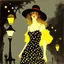 Placeholder: Whimsical and crazy painting of a full body young woman in a soft and dreamy style. The figure standing in the boulevard under a gas lamp shining a pale yellow light is shown in shades of gray and white, with red and yellow dots for emphasis. She wears a flowing black muslin dress and a black wide-brimmed hat, which gives her a graceful and elegant look. The background is abstract, with dull tones that blend together to create a misty atmosphere. Large, stylish red flowers frame the scene, with