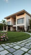 Placeholder: big beautiful modern villa with a large garden and grass and flowers in front and stone pavements