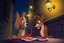 Placeholder: iconic Lady and the Tramp cartoon, lady dog and male dog eating spaghetti in an alleyway under a streetlight, cartoon, romantic