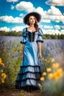 Placeholder: fullbody girl makeup wearing a victorian dress walking in country side ,flowers ,pretty clouds in blue sky