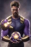 Placeholder: A sporty looking man with With a serious his face while holding Thanos' gantlet K's infinity gauntlet has six infinity stones