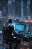 Placeholder: cyberpunk programmer black_Cat_Typing_on_computer_background binary codes, surrounded_by_mindent_3D_binary matrix codes and neutron mesh_etheral, Paranoid_sci-fi_in background_a_tall_cyberpunk_city, the cat-man watchings monitor, Hyperrealistic texture, high detail, Sinister, cold dynamic lighting, dark-neon colors, Ultra_HD_intense_focus