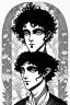 Placeholder: Black haired blue eyed freckled young male satyr alchemist in the style of aubrey beardsley