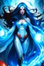 Placeholder: super hero woman, big body, good body, good ass, blue long hair, lighting plasma on hands and eyes, light small white costume, rude mode, cape, splashed for many blood, high quality details, intrincate details, street and moon background.