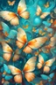 Placeholder: vibrant psychedelic oil painting image, airbrush, 64k, cartoon art image of background TEAL and BEIGE BUTTERFLIES , futurism style