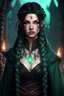Placeholder: Beautiful young Hexblood warlock female character. Long straight jet-black hair to the waist. Half-up hairstyle with two loose Dutch braids on each side. Bright glowing pale emerald-red eyes. Delicate face. High cheekbones. Full lips. Soft smile. Faint dark vine markings on face and neck. Black long cloak. Scars, markings and tattoos Realistic dark fantasy. Highly detailed. Cinematic lighting.