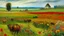 Placeholder: A field with haystacks, flowers, and animals painted by Claude Monet