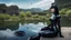 Placeholder: Fantasy Photo Of A Woman With Black Hair, Wearing A robot-looking catsuit, Sitting sideways On A Ledge next to a Pond, With A Planet Behind Her Head