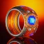 Placeholder: Ring made by wood roots and shreds of glass, orange diamonds sparkles, red rubi fragments around, blue lights reflexes, complex structure, gold details, intricate ring pattern,Unreal Engine 5, macro lens,sharp focus, photorealistic, hyper detailed, studio lighting, neon light ambient, cinematic