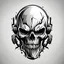 Placeholder: post-apocalyptic mutant skull vector icon in white color over the back background, stylized