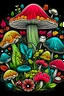 Placeholder: The cover of the “ mushroom” is a lively and colorful cover that includes friendly characters Hibiscus mushroom , Coloring page for baby kids, cute flowers lines, feathers, clean line art, fine line art, black background