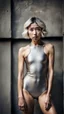 Placeholder: beautiful asian anorexic woman, total shot, short silver triathlon swimsuit, short blond wavy bob hair, blurred concrete background