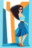 Placeholder: create a video of beautiful lady curvy hair standing pose wearing blue skirt and orange shirt high heel shoes simple background