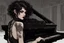 Placeholder: scarred cyberpunk vampire girl with tribal tattoos short curly dark cyberpunk hair playing a grand piano in the library of a decaying gothic mansion at midnight